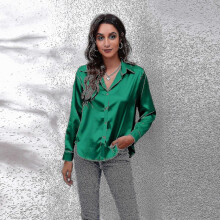 (s-verde)Camicia in raso da donna Camicia a maniche lunghe in raso di rayon Nuova