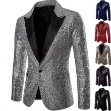 (M-Argento) Giacca da uomo con paillettes, blazer, un bottone, smoking di lusso per feste, cene e balli