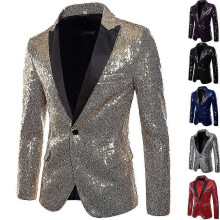 (S-Gold) Giacca da uomo con paillettes, blazer, un bottone, smoking di lusso per feste, cene e balli