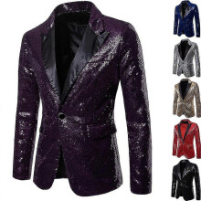 (XL-Viola) Giacca da uomo con paillettes, blazer, un bottone, smoking di lusso per feste, cene e balli