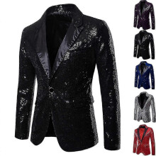 (L-Nero) Giacca da uomo con paillettes, blazer, un bottone, smoking di lusso per feste, cene e balli