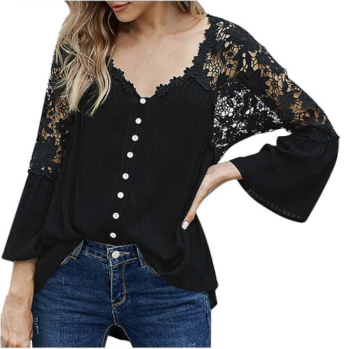 (M-Nero) Camicie e camicette da donna con maniche a tre quarti, scollo a V, pizzo all'uncinetto e occhielli
