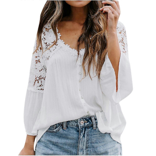 (M-Bianco) Camicie e camicette da donna con maniche a tre quarti, scollo a V, pizzo all'uncinetto e