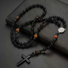(svart obsidian) Lavasten Svart Obsidian Gul Tigerögapärlor Korshänge Y Halsband för Herr