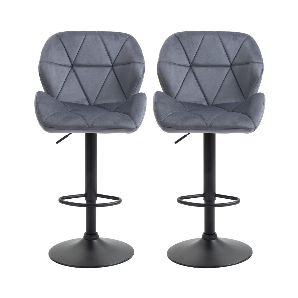 Set of 2 Dark Grey Adjustable Swivel Bar Stools | Upholstered Kitchen Counter Stools with Back for Home Bar and Café