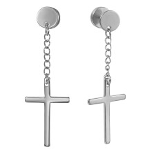 Men's Cross Earrings Stainless Steel Fake Tunnel Plug Dangle Cross Long Chain Unisex Jewelry Black Silver Gold Blue