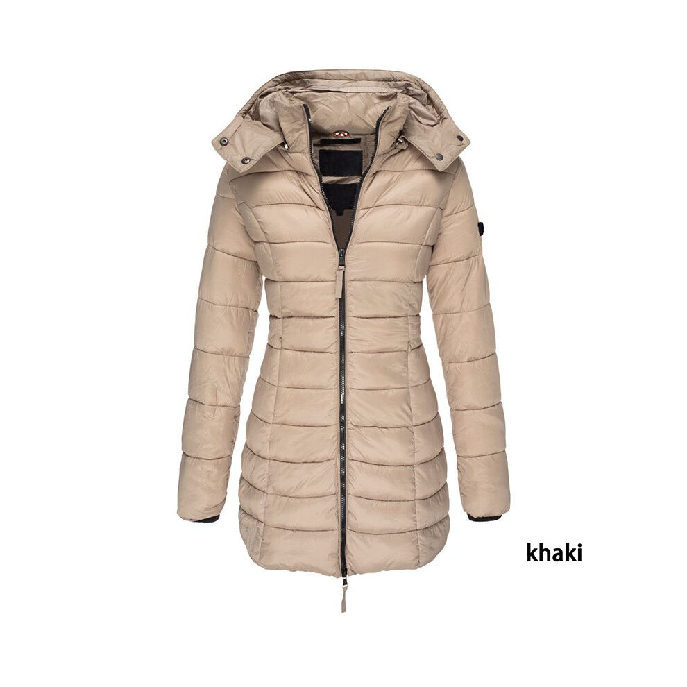 (Khaki, XL) Warm Winter Womens Collar Hooded Long Coat Zipper Parka Outwear Jacket