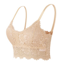 Bra Thong Wireless Lace Bra Mesh Lingerie Set 01-Beige XL Flower Pattern