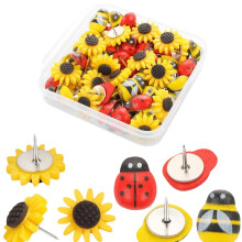 Push Pins With Flower Motif And Ladybug Design, Case Included, Cork Pinboard, 30-Piece Set