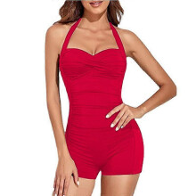 (M, red) Women's One Piece Bathing Suit Tummy Control Swimwear Halter Ruched Swimsuit Plus Size Vintage