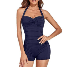 (2XL, dark blue) Women's One Piece Bathing Suit Tummy Control Swimwear Halter Ruched Swimsuit Plus Size Vintage