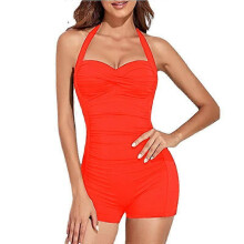 (XL, orange) Women's One Piece Bathing Suit Tummy Control Swimwear Halter Ruched Swimsuit Plus Size Vintage