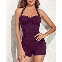 (2XL, win) Women's One Piece Bathing Suit Tummy Control Swimwear Halter Ruched Swimsuit Plus Size Vintage