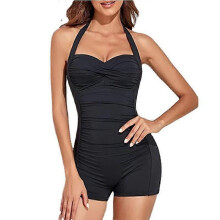 (2XL, black) Women's One Piece Bathing Suit Tummy Control Swimwear Halter Ruched Swimsuit Plus Size Vintage