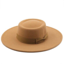 (Camel color) Lebanghui Hats For Men & Women Woolen Felt Bowler Hat With Bowknot Flat Top Style Wide Brim Lightweight Retro Classic