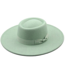 (Mint Green) Lebanghui Hats For Men & Women Woolen Felt Bowler Hat With Bowknot Flat Top Style Wide Brim Lightweight Retro Classic