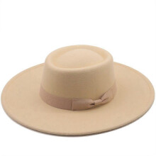 (Milky white) Lebanghui Hats For Men & Women Woolen Felt Bowler Hat With Bowknot Flat Top Style Wide Brim Lightweight Retro Classic