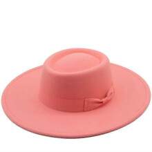 (Watermelon Red) Lebanghui Hats For Men & Women Woolen Felt Bowler Hat With Bowknot Flat Top Style Wide Brim Lightweight Retro Classic