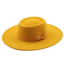 (yellow) Lebanghui Hats For Men & Women Woolen Felt Bowler Hat With Bowknot Flat Top Style Wide Brim Lightweight Retro Classic