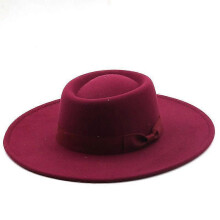 (Wine red) Lebanghui Hats For Men & Women Woolen Felt Bowler Hat With Bowknot Flat Top Style Wide Brim Lightweight Retro Classic