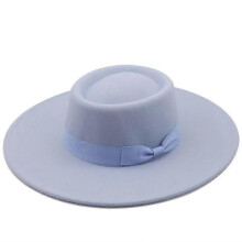 (Sky Blue) Lebanghui Hats For Men & Women Woolen Felt Bowler Hat With Bowknot Flat Top Style Wide Brim Lightweight Retro Classic
