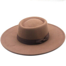 (Khaki) Lebanghui Hats For Men & Women Woolen Felt Bowler Hat With Bowknot Flat Top Style Wide Brim Lightweight Retro Classic