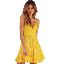 (XL, yellow) Women Boho V Neck Mini Dress Strappy Holiday Summer Beach Ruffle Sundress