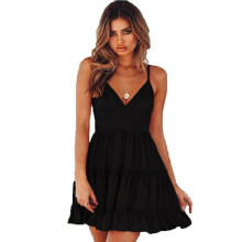 (2XL, black) Women Boho V Neck Mini Dress Strappy Holiday Summer Beach Ruffle Sundress