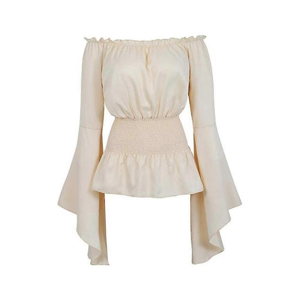 (S,light brown)Women's Renaissance Vintage Shirt Tops Medieval Victoria Off Shoulder Long Sleeve Shirt Pirate Cosplay Costume Dress Up