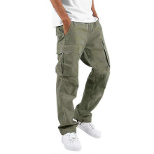 (L, Green) Lebanghui Men Solid Multi Pockets Combat Cargo Pants Casual Baggy Work Straight Trousers