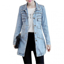 (5XL, wathet) Turn-Down Collar Flap Pockets Denim Jacket Shrink Resistant Irregular Hem Long Women Coat Streetwear