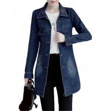 (XL, navy blue) Turn-Down Collar Flap Pockets Denim Jacket Shrink Resistant Irregular Hem Long Women Coat Streetwear