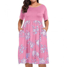 (2XL, pink) Womens Summer Dresses Casual Short Sleeve Tiered Smocked Floral Boho Flowy A Line Beach Sundress Vacation Maxi Dress Pockets