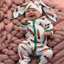 (6-9M) Infant Baby Easter Party Outfits Long Sleeve Romper Bunny Ear Beanie Hat Set For Newborn Boys Girls