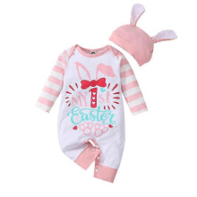 (3-6 months) Infant Baby Easter Party Outfits Long Sleeve Romper Bunny Ear Beanie Hat Set For Newborn Boys Girls