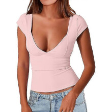 (L, Pink) Trendy Queen Womens Sexy Diepe V-hals Backless Tops