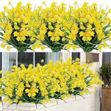 (Yellow) 8 Bundles Outdoor Artificial Fake Flowers Shrubs Uv Resistant Plants, Faux Plastic Greenery