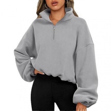 (XL, grey) Women Half Zip Fleece Jacket Stand Collar Long Sleeve Pure Color Lady Drawstring Pullover Jacket for Daily
