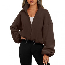 (S, brown) Women Half Zip Fleece Jacket Stand Collar Long Sleeve Pure Color Lady Drawstring Pullover Jacket for Daily