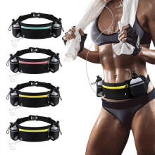 (pink) Running waist bag for men and women with double water bottle bag sports fitness fashion belt outdoor marathon