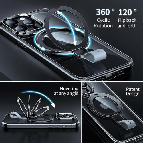 (black) For iPhone 15 Pro Max Case, Compatible with MagSafe, Slim Translucent Matte Shockproof Cover with 360 Rotatable Ring Stand 2