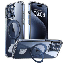 (blue) For iPhone 15 Pro Max Case, Compatible with MagSafe, Slim Translucent Matte Shockproof Cover with 360 Rotatable Ring Stand