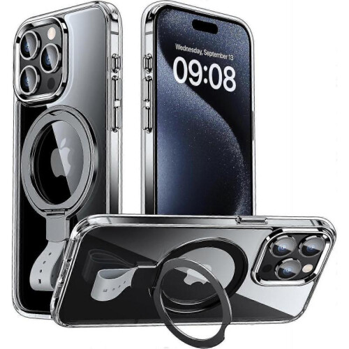(black) For iPhone 15 Pro Max Case, Compatible with MagSafe, Slim Translucent Matte Shockproof Cover with 360 Rotatable Ring Stand