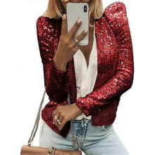 (M, red) Women Trendy Solid Color Jacket Short Casual Sequins Small Coat for Parties and Nightclubs