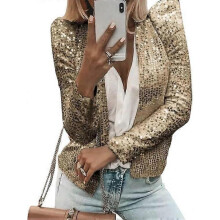 (2XL, golden) Women Trendy Solid Color Jacket Short Casual Sequins Small Coat for Parties and Nightclubs