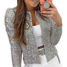 (S, silvery) Women Trendy Solid Color Jacket Short Casual Sequins Small Coat for Parties and Nightclubs
