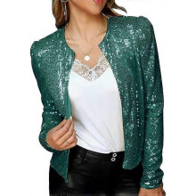 (L, green) Women Trendy Solid Color Jacket Short Casual Sequins Small Coat for Parties and Nightclubs