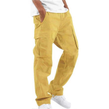 (L,yellow)Men Cargo Pants Loose Trousers Multi Pocket Straight Joggers Solid Color Casual Pants