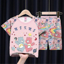 (5-7 years old,B)4-12Years Kids Girls Care Bears Cartoon Pyjamas Short Sleeve T-Shirt Shorts Set Summer Loungewear Sleepwear Outfits