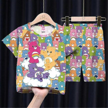 (4-5 years old, C) 4-12Years Kids Girls Care Bears Cartoon Pyjamas Short Sleeve T-Shirt Shorts Set Summer Loungewear Sleepwear Outfits